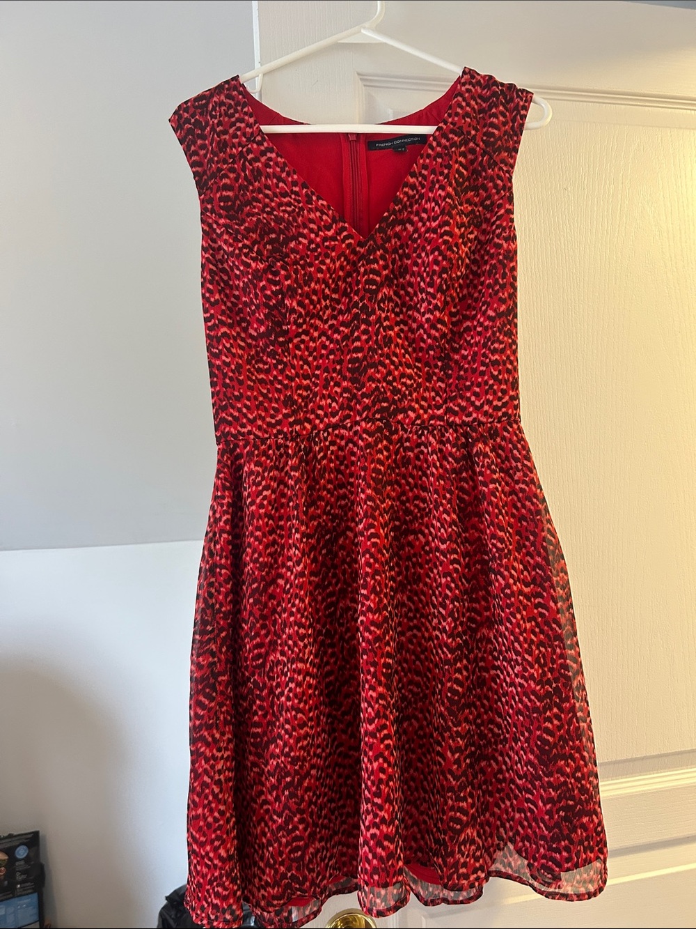 French Connection Red Patterned V‑Neck Midi Dress